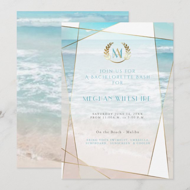 Bachelorette Bash | Moderne Mongram Beach Wedding Einladung (Vorne/Hinten)
