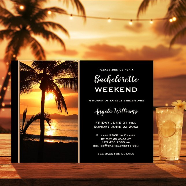 Bachelorette Beach Weekend Itinerary  Einladung (Beach bachelorette weekend itinerary template featuring a sunset at a tropical beach with palm trees)