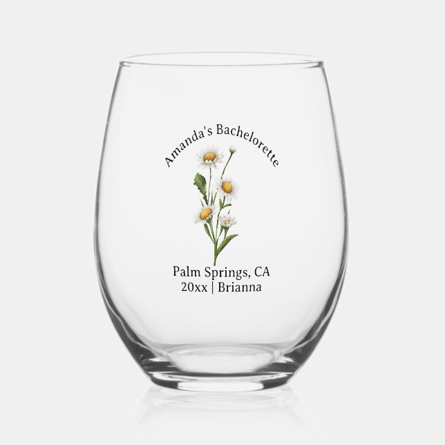 Bachelorette Birth Month Blume April Daisy Weinglas Ohne Stiel (Rückseite)