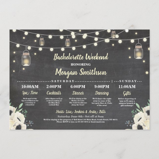 Bachelorette Brautparty Itinerary Firefly Jar Programm (Vorderseite)