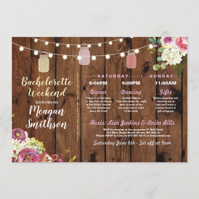 Bachelorette Brautparty Itinerary Jars Wood Programm (Vorderseite)