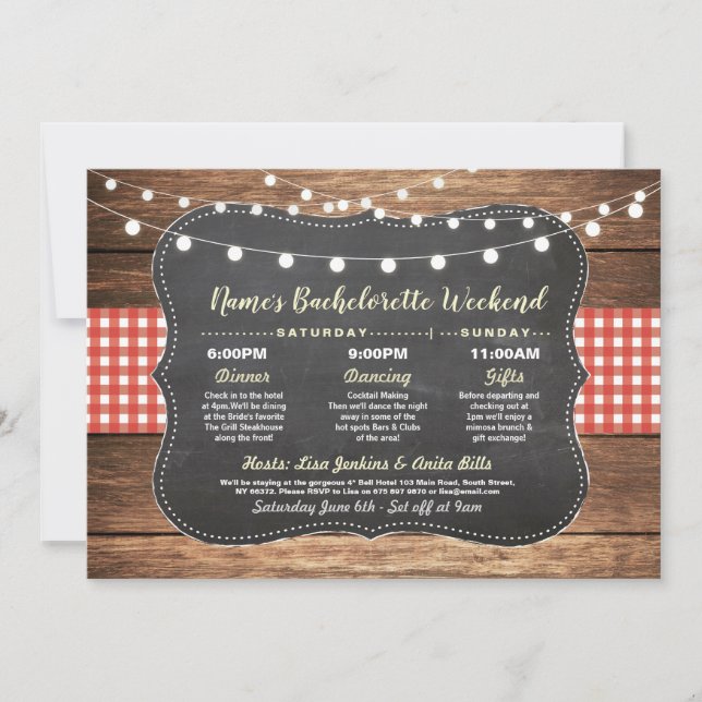 Bachelorette Brautparty Itinerary Red Chalet Einladung (Vorderseite)