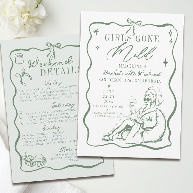 Bachelorette Girls Gone Mild Gezeichnet Bow Tour Einladung (girls gone mild invitation bachelorette weekend itinerary sage green spa bow frame hand drawn)