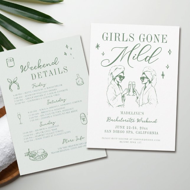 Bachelorette Girls Gone Milde Sage Grüne Route Einladung (girls gone mild invitation bachelorette weekend itinerary sage green spa hand drawn)