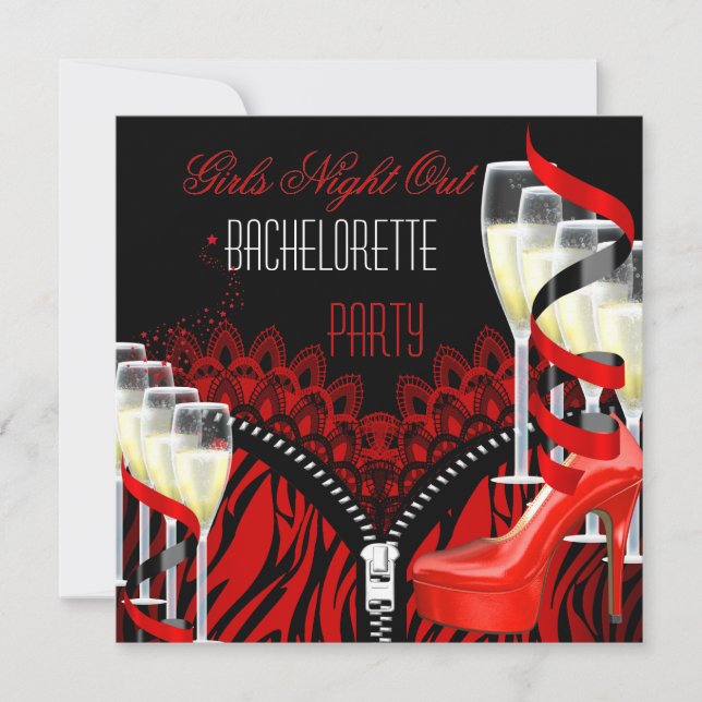 Bachelorette Girls Night Out Red Zebra Champagne Einladung (Vorderseite)