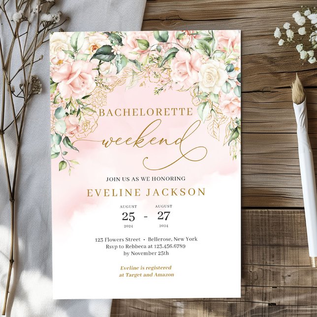 Bachelorette Glitzer Bachelorette Einladung (Elegant blush pink roses eucalyptus gold sparkles bachelorette weekend invitation template)