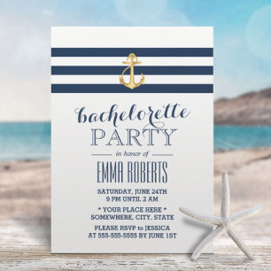 Bachelorette Gold Anchor Navy Stripes Nautic Einladung