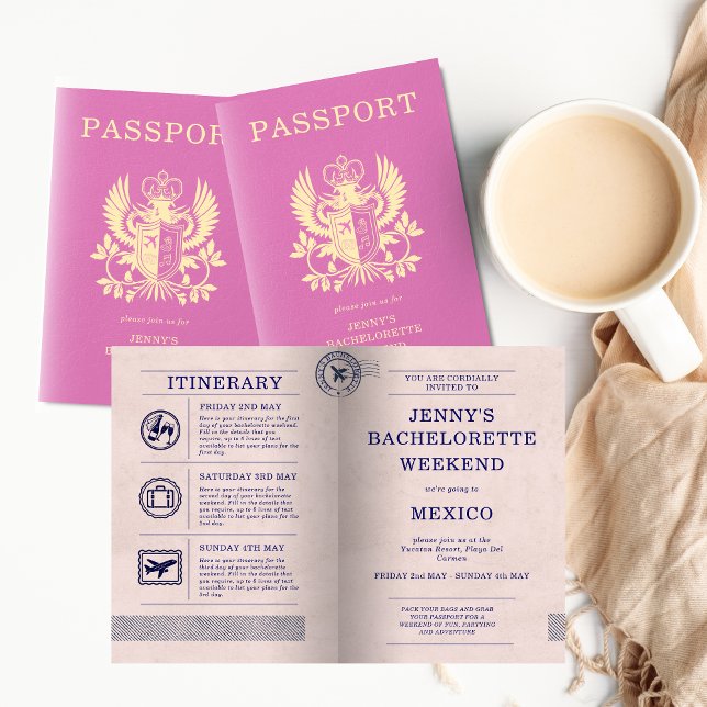 Bachelorette Hen Party Pink Passport Itinerary Einladung (Pink Bachelorette Destination Party Passport Invitation
)