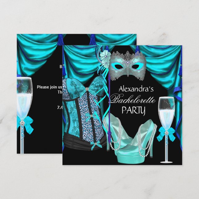 Bachelorette Leopard Blue Masquerade Champagne Einladung (Vorne/Hinten)