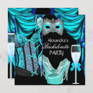 Bachelorette Leopard Blue Masquerade Champagne Einladung