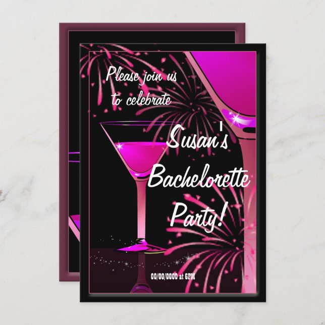 Bachelorette Martini Cocktail Pink Party Einladung (Vorne/Hinten)