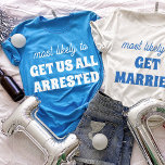 Bachelorette Most Likely To Get Us All Arrested Tri-Blend Shirt<br><div class="desc">Bring some playful mischief to the celebration with this bold and hilarious t-shirt design! Featuring the memorable phrase "most likely to GET US ALL ARRESTED" in striking white text against a vibrant blue background, this design is sure to spark laughter and camaraderie. It's the perfect statement piece for a bachelorette...</div>