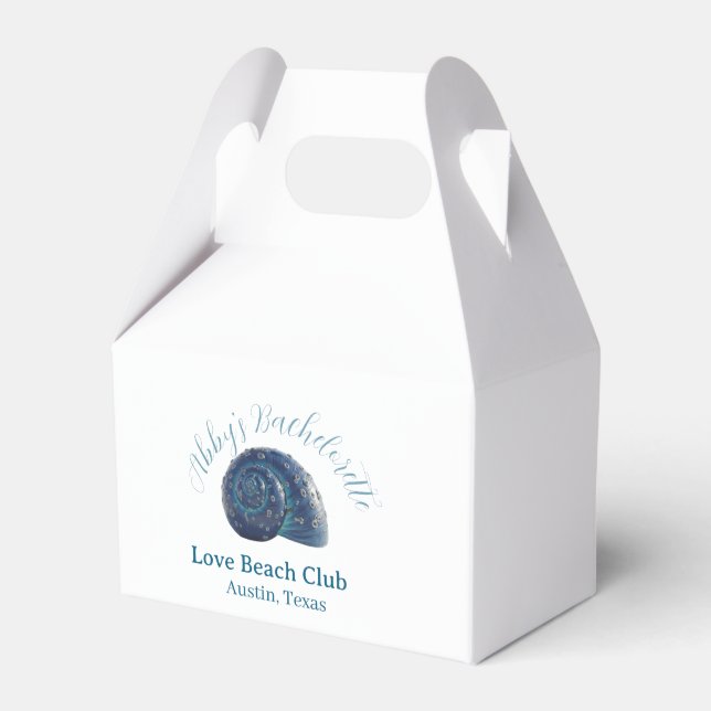 Bachelorette party beach club blue sea shell name  geschenkschachtel (Vorderseite)