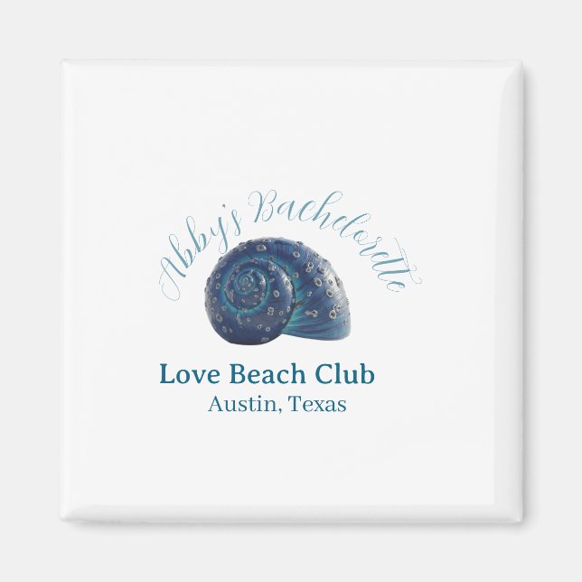 Bachelorette party beach club blue sea shell name  magnet (Vorne)