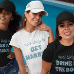 Bachelorette Party Most Likely To Get Married<br><div class="desc">Bring a touch of playful anticipation to the bachelorette festivities with this charming and customizable t-shirt design! Featuring the perfectly fitting phrase "most likely to GET MARRIED" in dusty blue lettering against a crisp white background, this design is both sweet and sassy. It's an ideal choice for the bride-to-be or...</div>