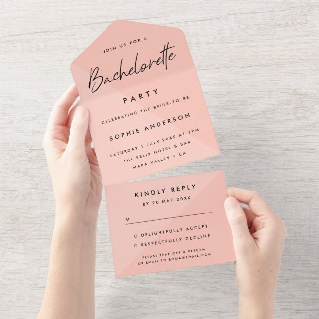 Bachelorette Pink | Modernes Minimalistisches Part All In One Einladung (Abreißen)