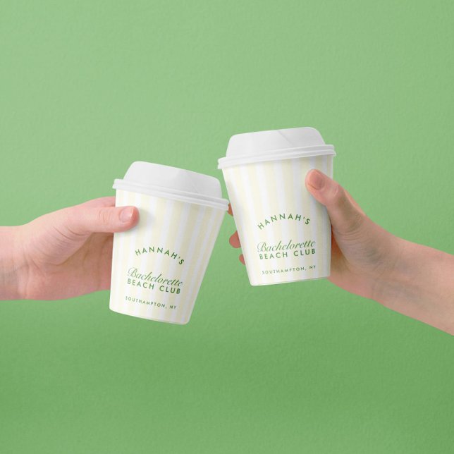 Bachelorette Retro Grün & Gelb Streifen Pappbecher (Bachelorette Retro Green & Yellow Stripes Paper Cups)