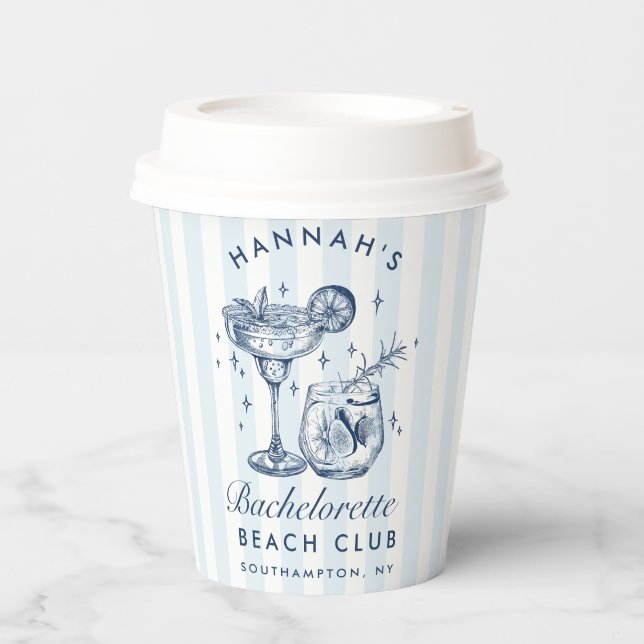 Bachelorette Retro Modern Blue & Gran Streifen Pappbecher (Vorderseite)