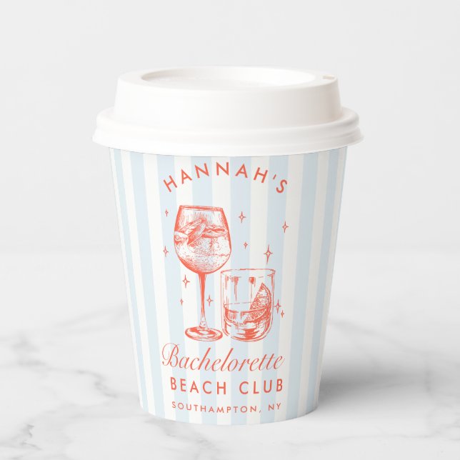 Bachelorette Retro Modern Blue & Red Streifen Pappbecher (Vorderseite)