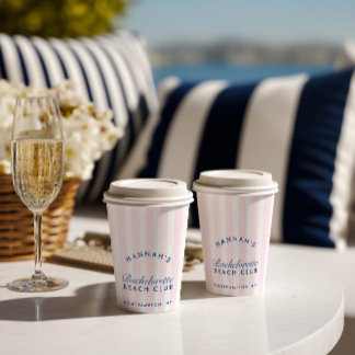 Bachelorette Retro Navy & Pink Streifen Pappbecher