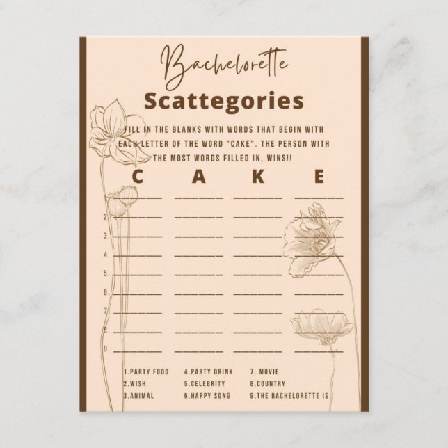 Bachelorette Scattegories Party Game Begleitkarte (Vorderseite)