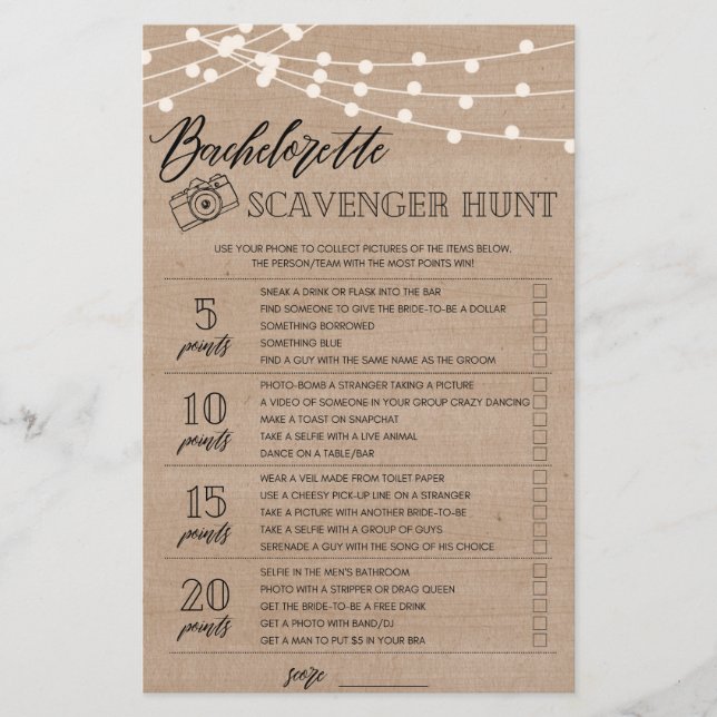 Bachelorette Scavenger Jagdspiel Brautparty Fliege Flyer (Vorne)