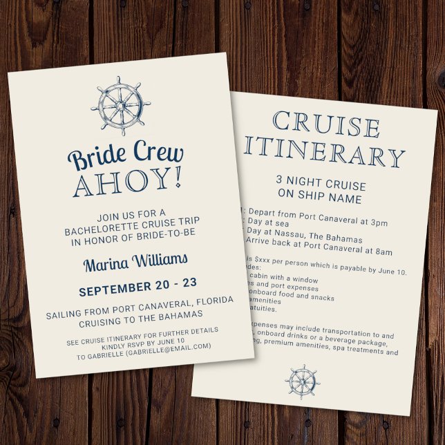 Bachelorette Schifffahrtsgesellschaft Luganersee C Einladung (Bride crew ahoy! Bachelorette cruise trip invitation on a dark wooden background. )