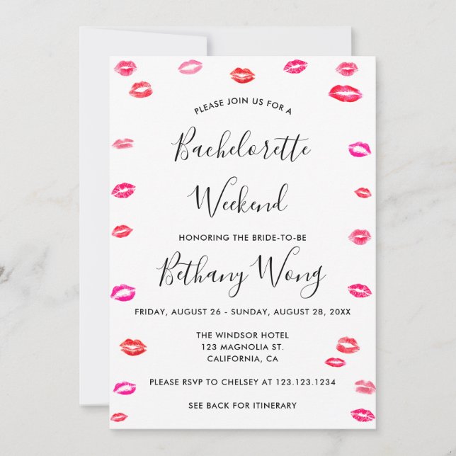 Bachelorette Weekend Itinerary Kiss Lipstick Einladung (Vorderseite)