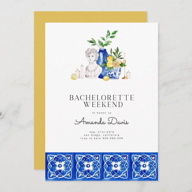 Bachelorette Weekend Lemon Mediterranean Tiles Einladung (Vorne/Hinten)