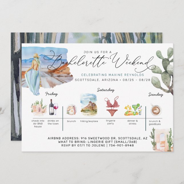Bachelorette Wochenende | Desert Cactus Einladung (Vorne/Hinten)