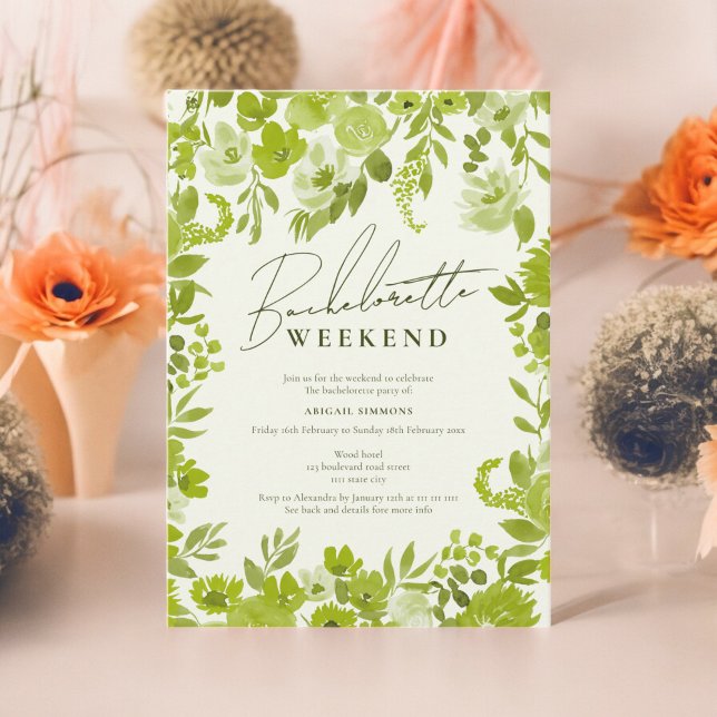 Bachelorette-Wochenende in Boho-Kalkgrün Einladung (Boho lime green hand painted bachelorette weekend invitation)