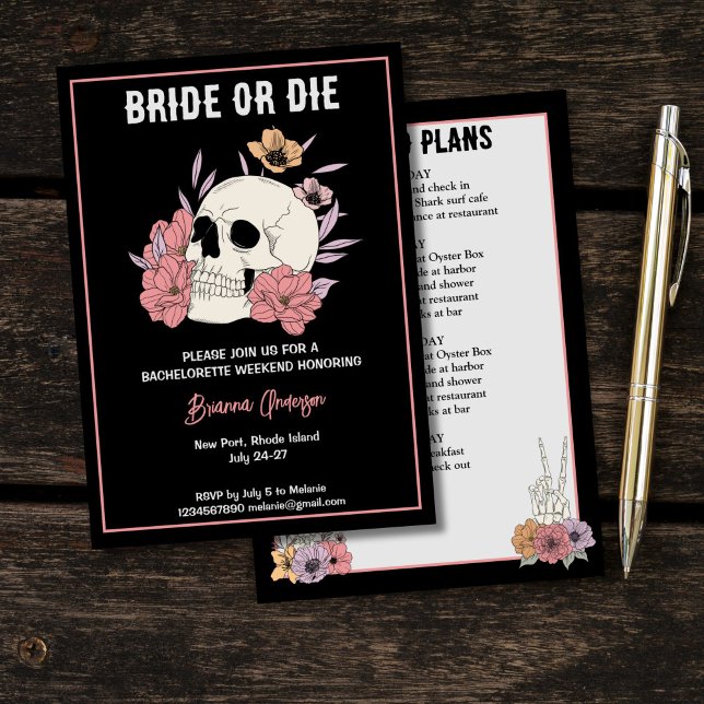 Bachelorette-Wochenende mit Bachelorette oder die  Einladung (Bride or die black skull skeleton bachelorette party weekend itinerary invitation template)