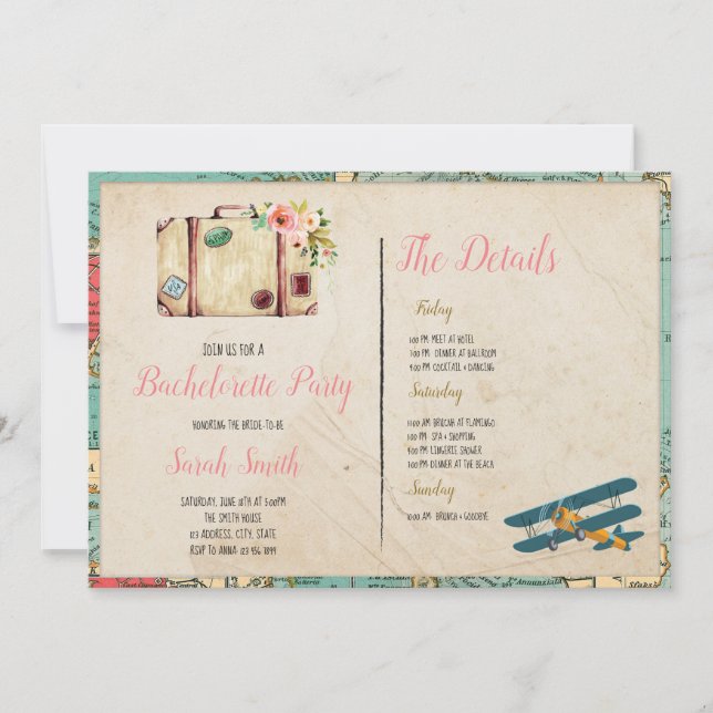 Bachelorette zu Reisezwecken mit Party Einladung (Vorderseite)