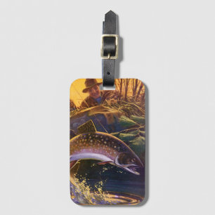 Bachforelle Fisch Angler, Vintage Angelsport Gepäckanhänger