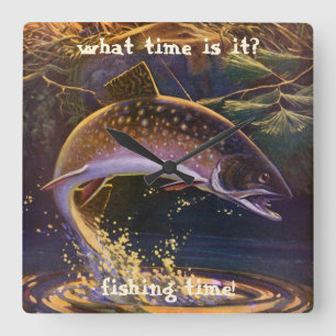 Bachsaibling Fisch Angler, Vintage Sportfischen Quadratische Wanduhr