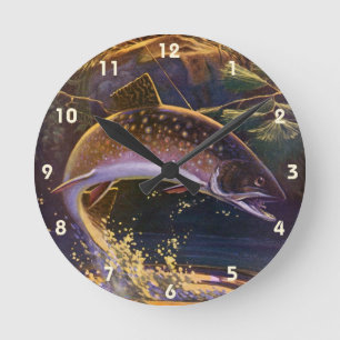Bachsaibling Fisch Angler, Vintage Sportfischen Runde Wanduhr