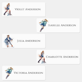 Back to School Girls Ice-Skating Kids Name Etiketten