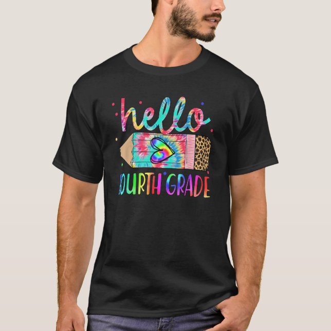 Back To School Hello 4th Grade Leopard Tie Dye Pen T-Shirt (Vorderseite)
