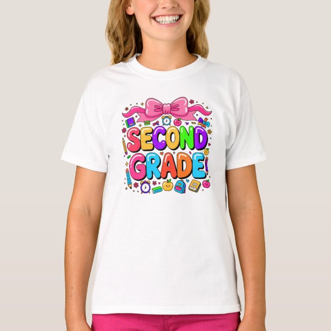 Back To School Second Grade Girls Bow Teacher Kids T-Shirt (Vorderseite)