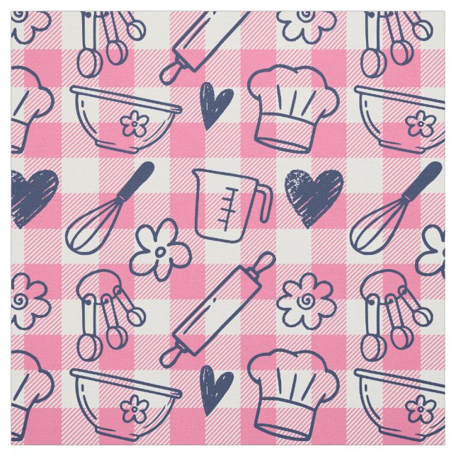 Backen Doodles auf Gingham - Rosa & Navy Stoff (Muster)
