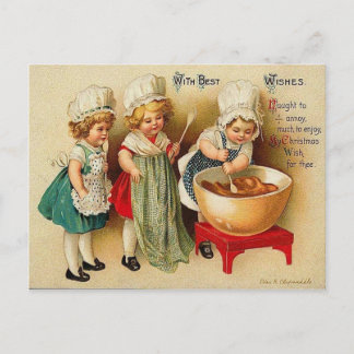 Backen einer Weihnachtspflaumen-Pudding-Vintagen Feiertagspostkarte