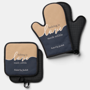Backen ist Liebe essbar NAVY & TAN Script Ofenhandschuh & Topflappen-Set