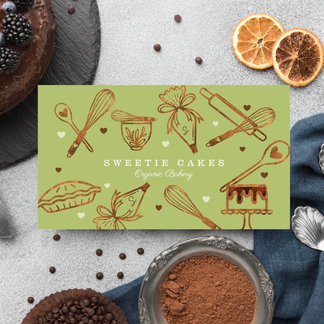 Backen & Kochen Utensidholz Textur & Grün Visitenkarte (Von Creator hochgeladen)