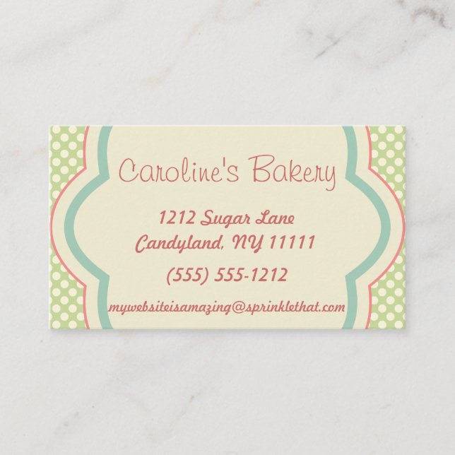 Backen und Bäckerei-Butike, grüner Polka-Punkt Visitenkarte (Vorderseite)
