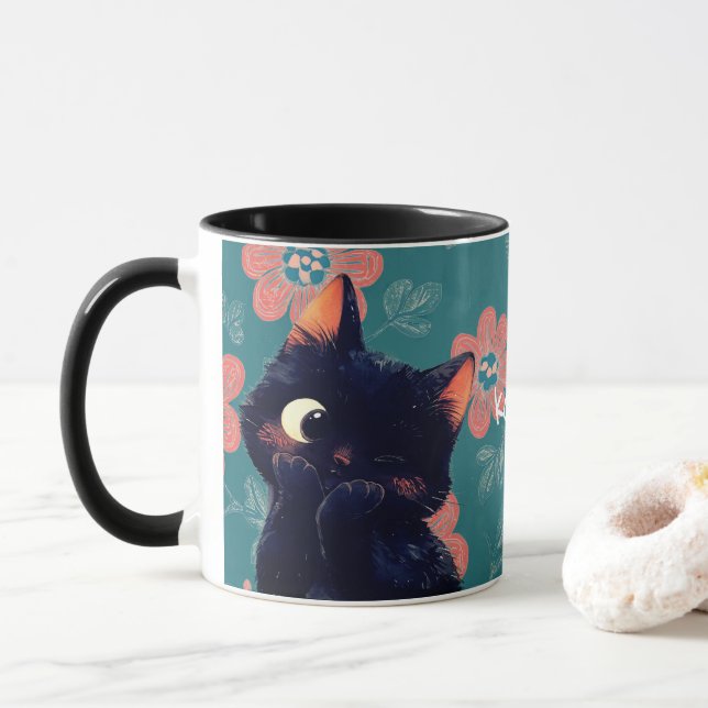 Backenschwarze Kätzchen mit floralem Hintergrund Tasse (Mit Donut)