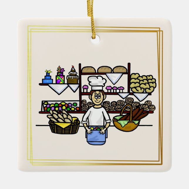 Bäcker in seiner Bäckerei Weihnachtsdekoration Keramikornament (Vorderseite)