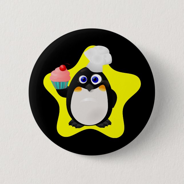 Bäcker-Pinguin mit kleinem Kuchen Button (Vorderseite)