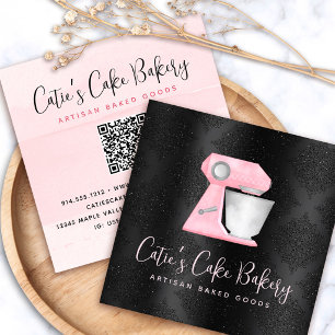 Bäckerei-Blush-Rosa-Küchenmixer-QR-Code auf Schwar Quadratische Visitenkarte