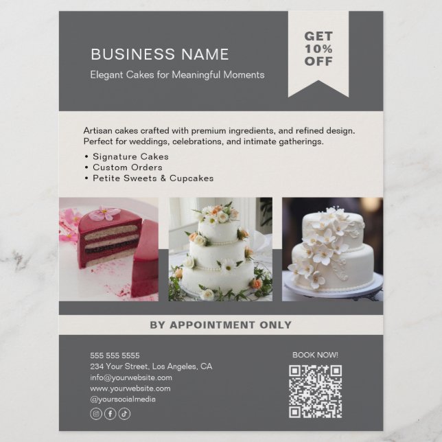 Bäckerei Cake Custom Foto QR Grau Flyer (Vorne)