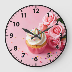 Bäckerei Cupcake Rosa Rosen Gebäck Foodie Große Wanduhr